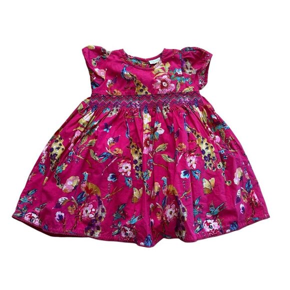 Next UK Baby Girl 12-18M Magenta Pink Dress Peacock Birds Floral Butterflies - Picture 1 of 6